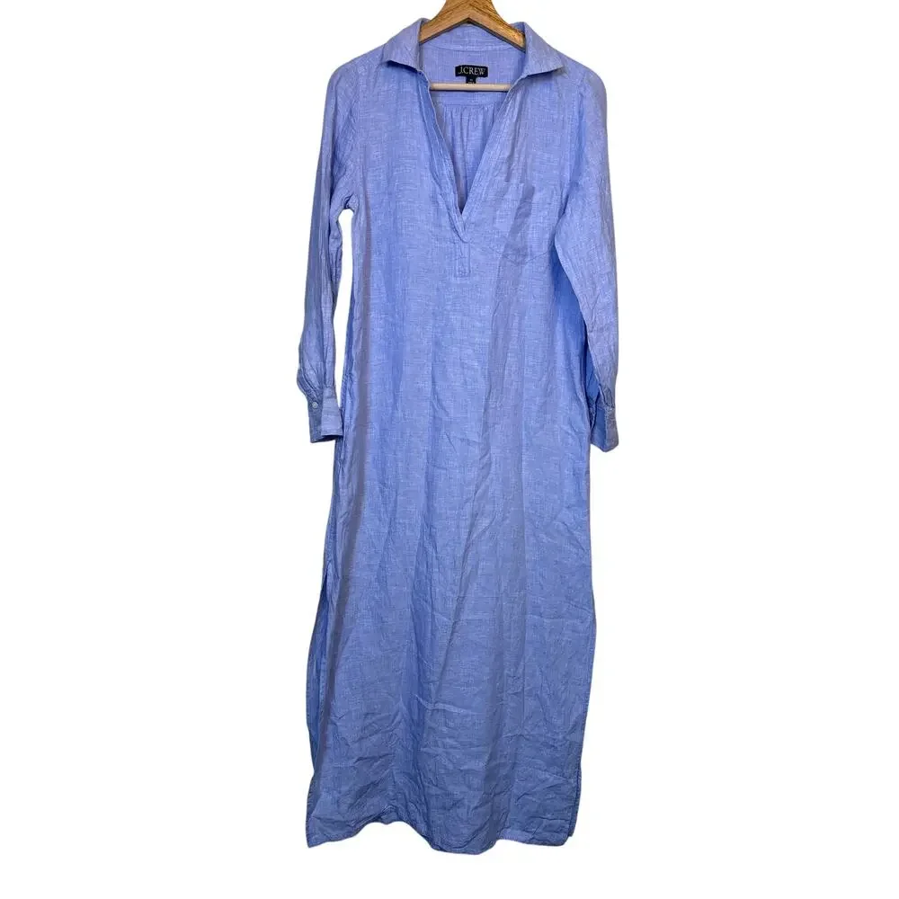 J Crew Bungalow Maxi Popover Dress XS in Linen Blue Quiet Luxury Coastal Beach